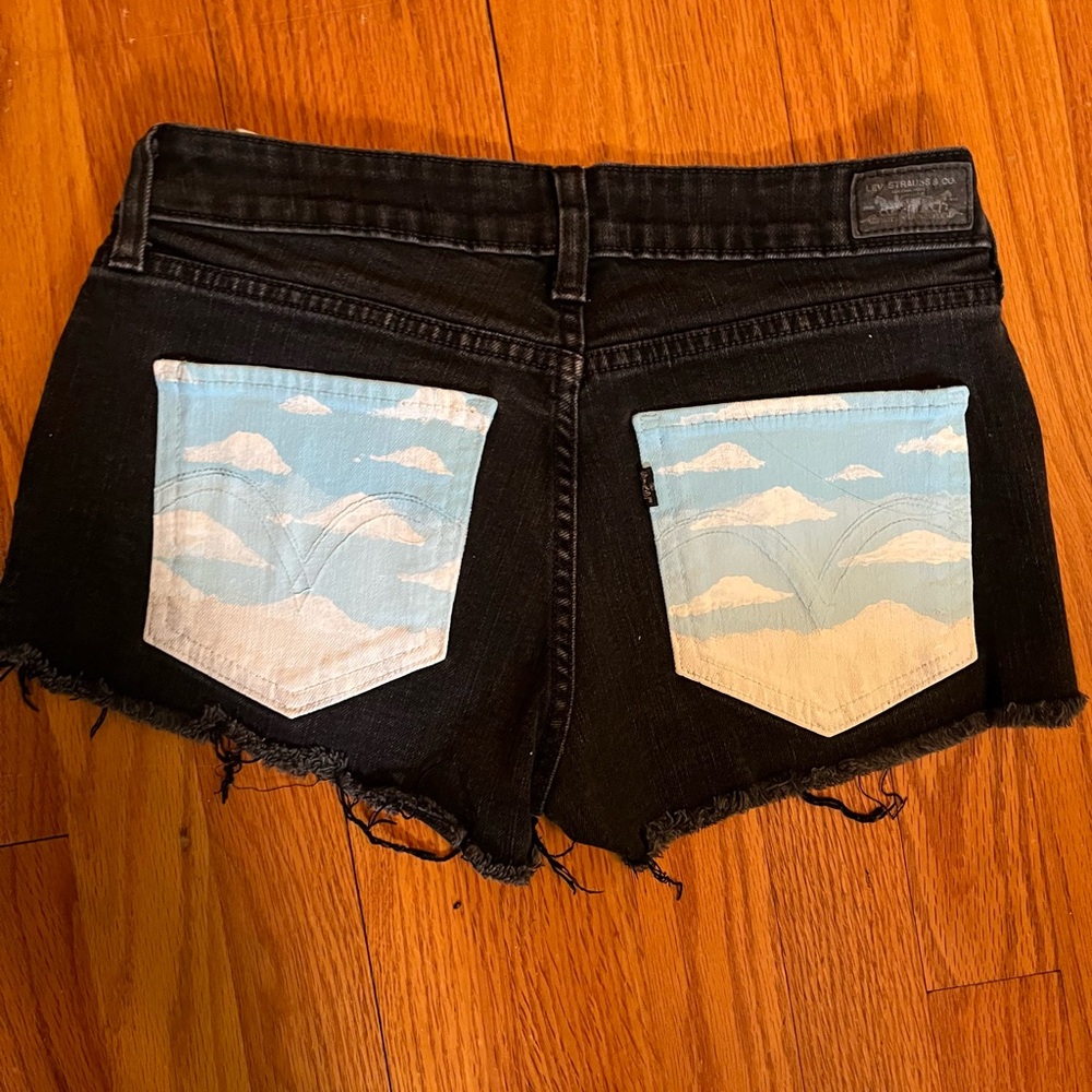 Black Denim Shorts with Sky Print Pockets